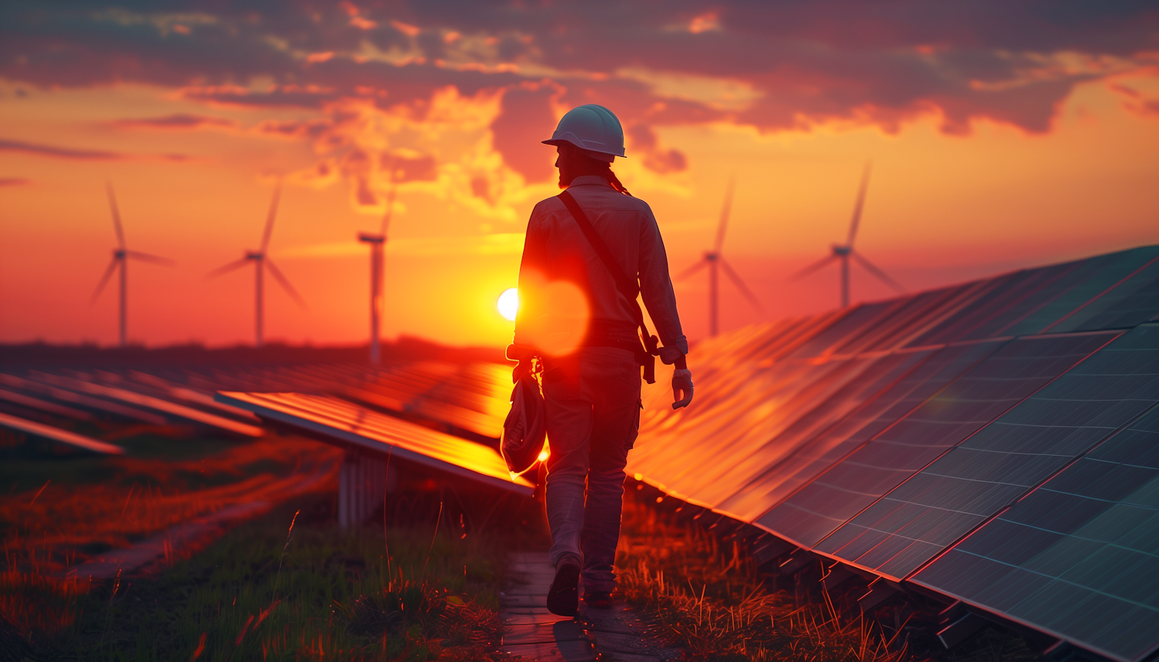 Manager blickt auf moderne Energie- und Technologielandschaft
